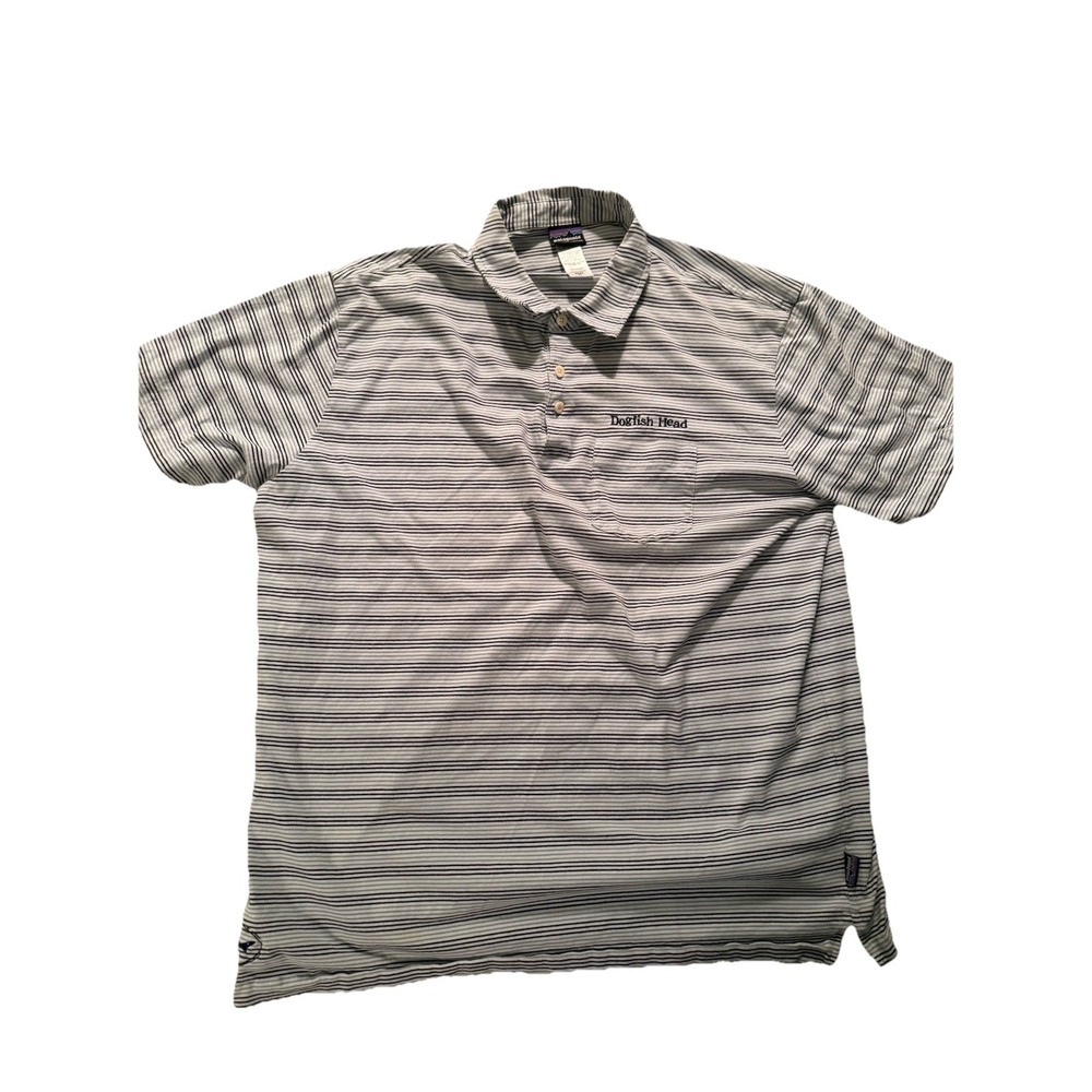 Patagonia Organic Cotton Black/Grey stripes Dogfish head Beer logo polo size XL